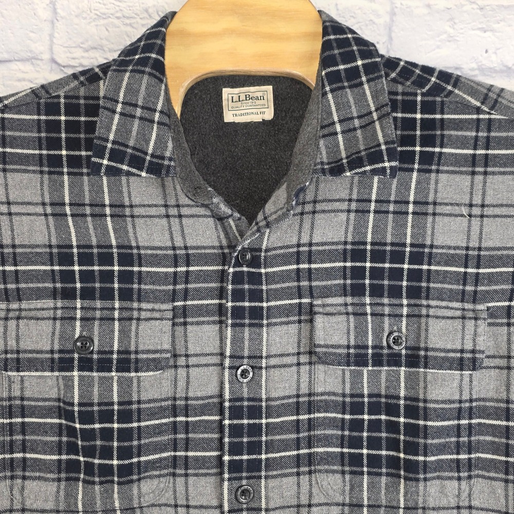 LL Bean Mens Gray Blue Fleece Lined Flannel Button Up Shirt Jacket Size 2XL